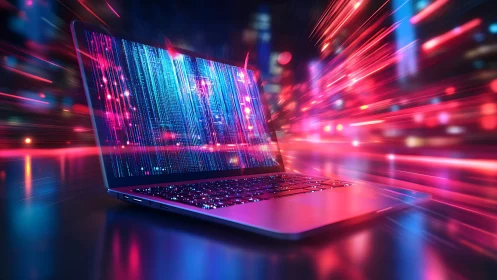 High-speed laptop streams neon data through digital city.