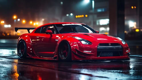 Midnight-red street racer resting under city lights.