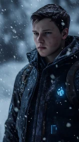 Snowy journey with a determined young traveler in blue light.