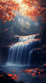 Autumn cascade framed by luminous foliage in soft-focus forest