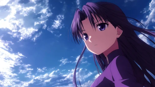 Purple-haired anime girl under vivid blue sky clouds