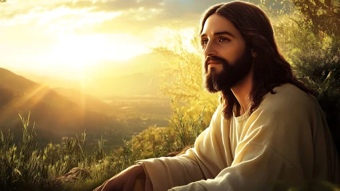 Bearded robed man sits in golden sunlight on hillside.