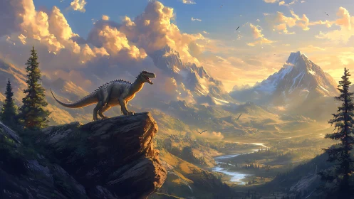 Roaring dinosaur surveys a glowing prehistoric mountain valley