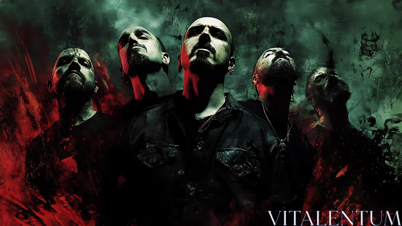 Brooding metal phantoms rising from smoke and scarlet fire.