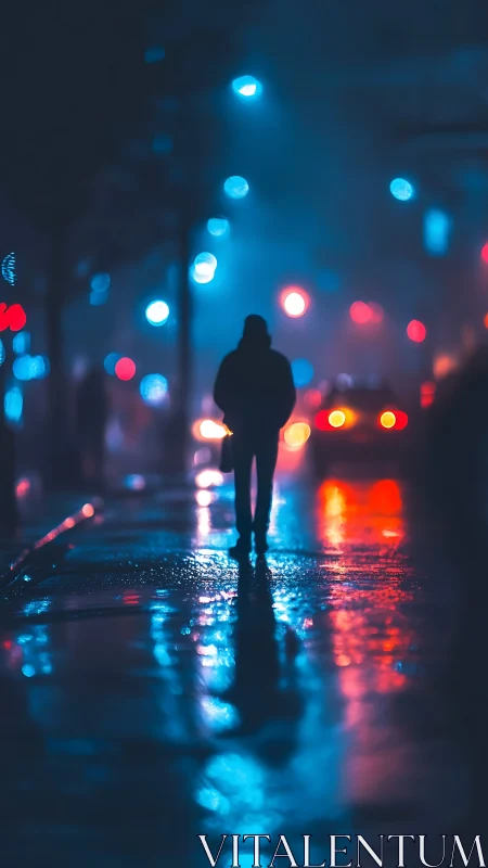 Neon rainwalker drifting through electric midnight streets.
