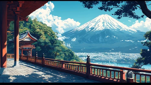 Temple terrace view toward snowcapped Mount Fuji panorama.