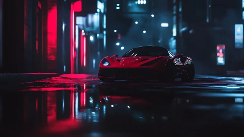 Red supercar parked on wet neon city street at night period