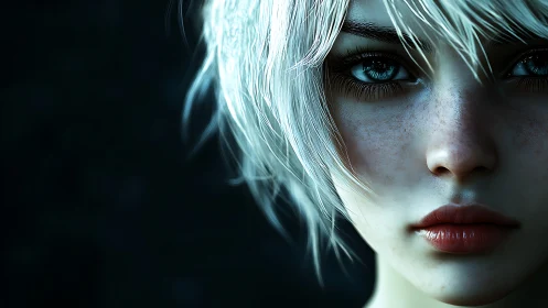 Silver haired gaze in a quiet storm of blue light.