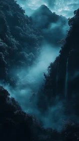 Misty blue mountain gorge with dense forest and falls.