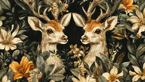 Twin deer heads framed by dense floral foliage pattern.