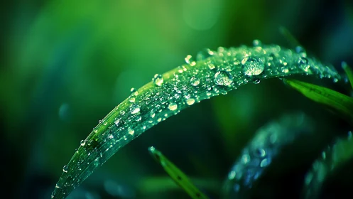 Dewdrops cling to single grass blade in luminous green macro