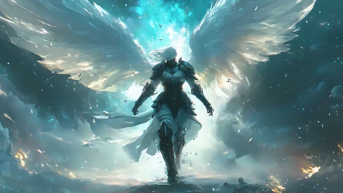 Armored celestial warrior emerging through radiant stormlight