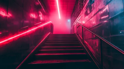 Neon subway stairwell glows with vivid magenta haze.