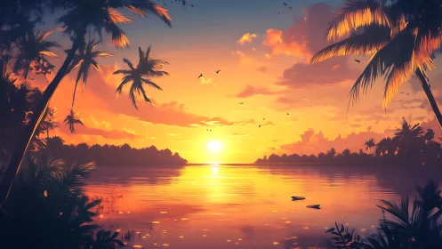 Sunset illuminates tropical lagoon with silhouetted palm trees