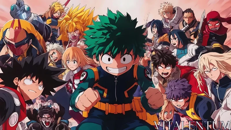 Heroic anime team charges forward with bold, determined energy