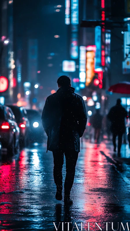 Midnight walk through neon rain on a quiet city street.