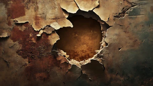 Central circular breach interrupts textured, rusted surface