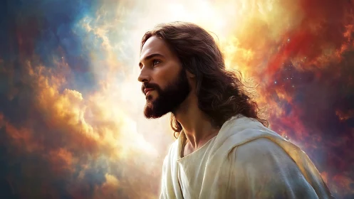 Digital painting of serene robed man against radiant nebula sky