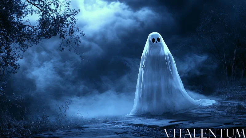 Ghost figure drifts through fog on moonlit forest path.