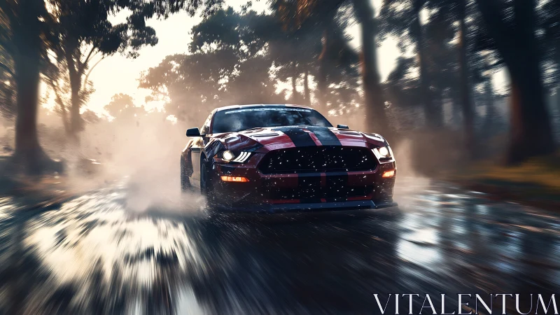 Red striped sports car on wet forest road in motion blur.