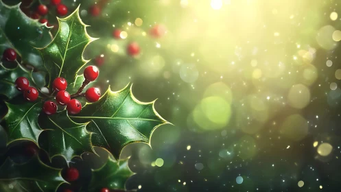 Holly leaves and berries glow under warm festive bokeh light.