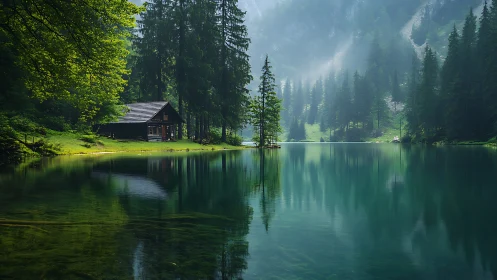 Lakeside forest cabin rests beside calm emerald waters.