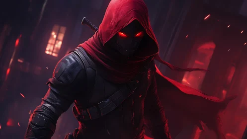 Hooded figure with glowing eyes in red-lit urban alleyway.