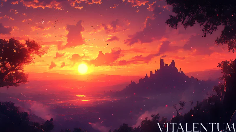 Sunset-lit distant fortress above layered valley landscape.