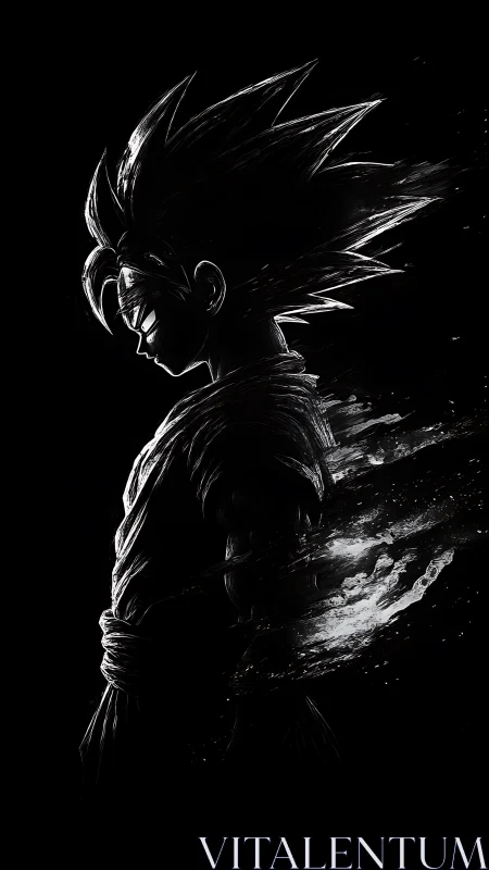 Monochrome anime warrior silhouette in dissolving light.