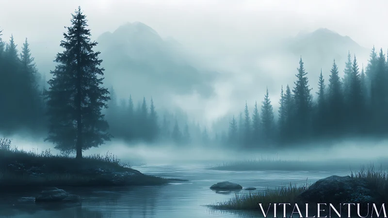 Fog-draped alpine lake with brooding evergreen forest.