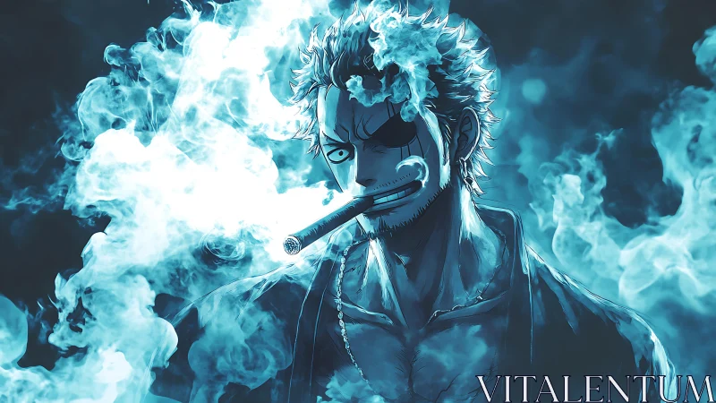 Scarred anime antihero exhales glowing smoke in blue haze.