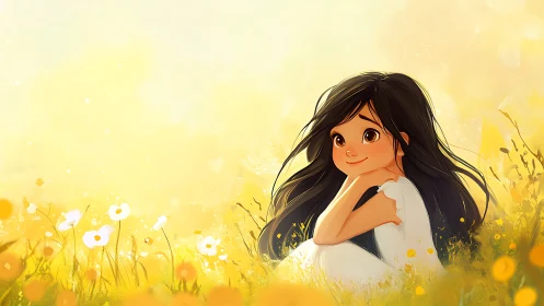 Smiling brown haired girl resting in bright yellow meadow.