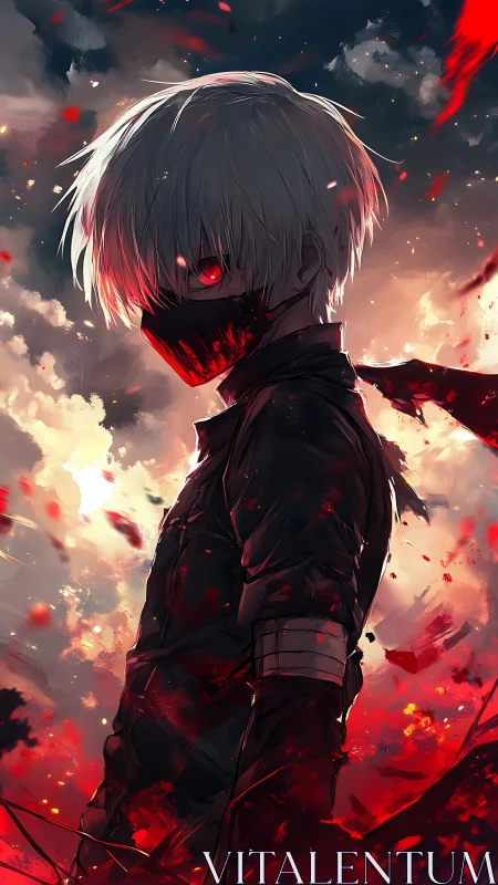 Anime antihero portrait in dynamic red atmospheric backlight.