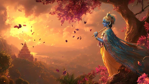 Divine blue figure with flute over golden temple valley at dusk.