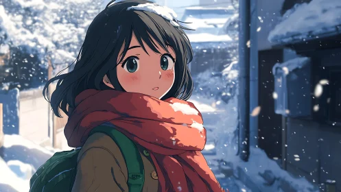 Snowy afternoon stroll with a shy girl in a bright scarf
