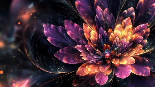 Fractal-rendered multicolored floral structure fills dark field