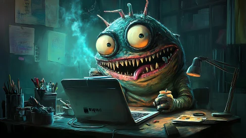 Wide-eyed cartoon monster types frantically at cluttered desk