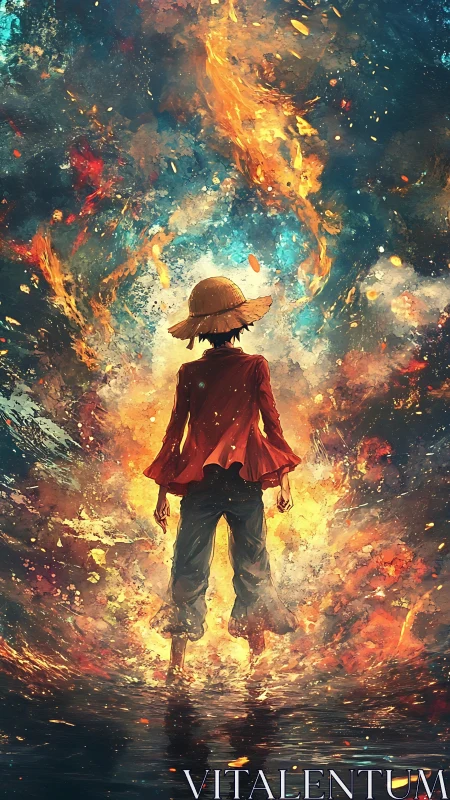 Straw-hatted wanderer amid blazing cosmic watercolor vortex.