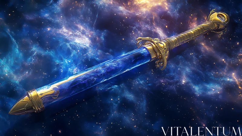 Celestial crystal sword glows amid swirling galactic clouds.