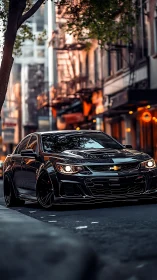 Black Chevrolet sports sedan idles low in moody city street