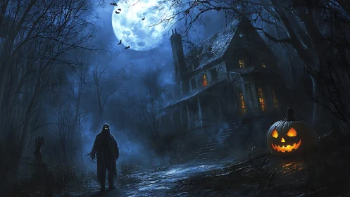 Haunted forest path with cloaked figure and eerie house.