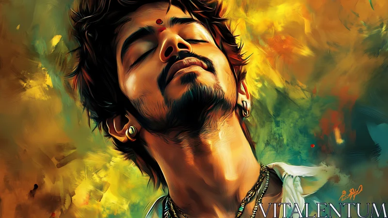 Ecstatic portrait of serene man in swirling golden aura.