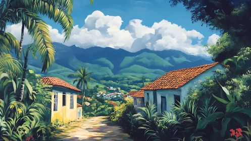 Sunlit tropical village lane beneath rolling emerald mountains.