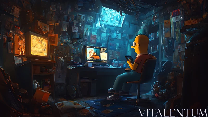 Cartoon coder in neon-lit cluttered room studies recursive screens