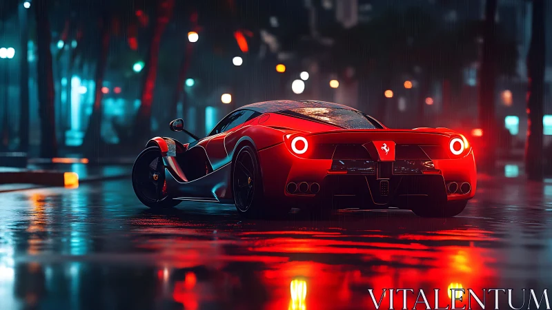 Red supercar on wet neon city street at night scene.