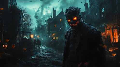 Nocturnal jack-o-lantern wraith on rain-slick haunted street