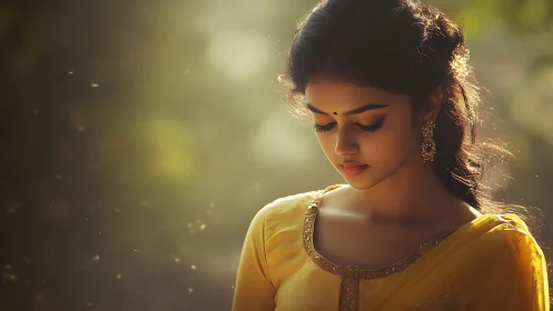 Serene woman in traditional yellow dress, soft natural lighting.