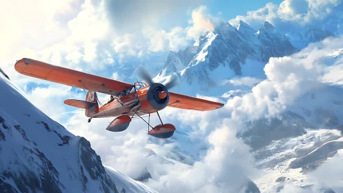 Bright orange bush plane exploring sunlit snowy peaks.