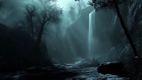 Waterfall in misty canyon with bare trees framing gorge.