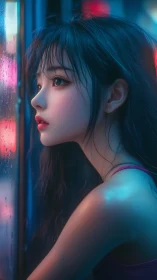 Neon rainlit gaze of a wistful girl in cyber twilight.